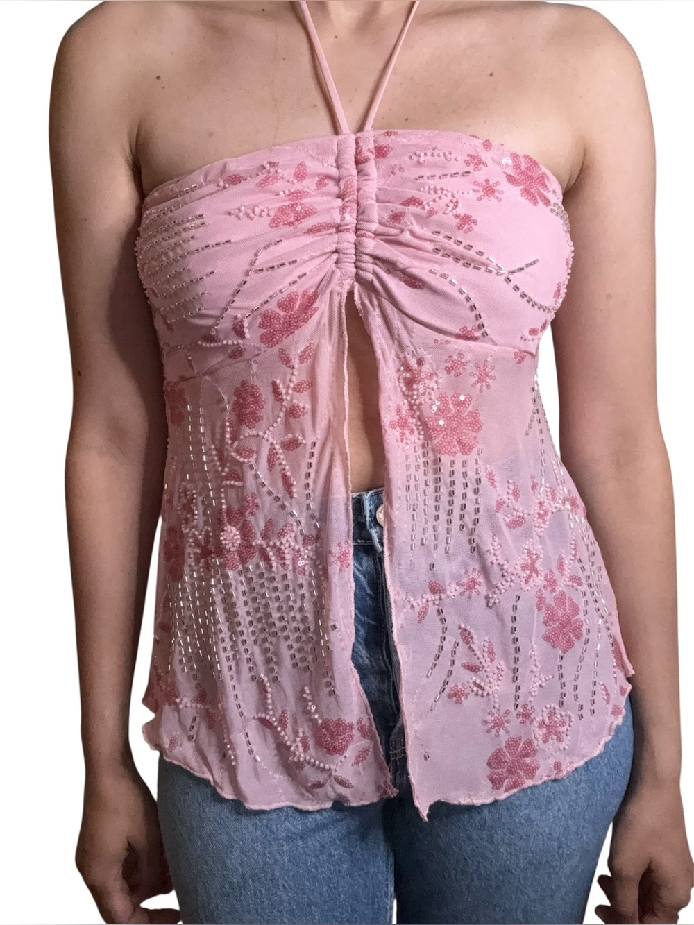New With tags TJ Maxx Pink Beaded Y2K 2000s Halter Top Medium